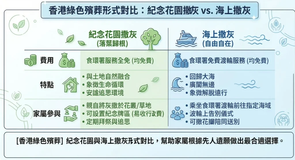 【香港綠色殯葬】2026 全攻略:流程、地點、費用及申請懶人包 5 綠色殯葬形式對比表:紀念花園撒灰與海上撒灰的費用、特點及家屬參與程度對比