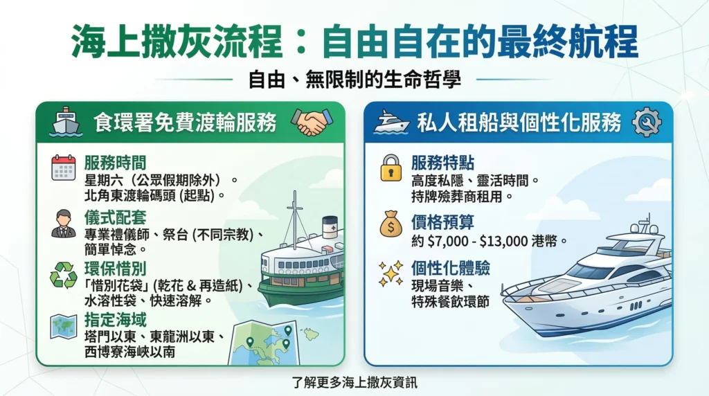 【香港綠色殯葬】2026 全攻略:流程、地點、費用及申請懶人包 7 香港海上撒灰流程詳解:食環署免費渡輪服務與私人租船服務對比